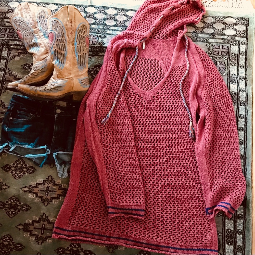 Free People Shadow Stripe open Knit Hoodie Sweater
